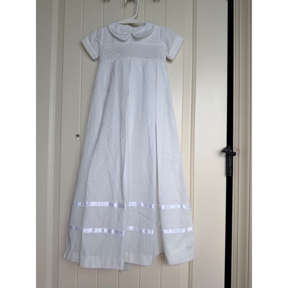 Bella Bliss White Cotton Smocked Christening Gown Baptism Dress 6M Sash Bow